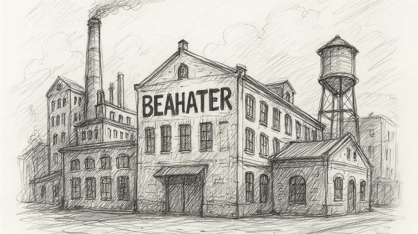 Handgezeichnete Skizze eines Industriegebäudes mit dem Schriftzug BEAHATER – Symbol für Streetwear-Haltung, keine Restocks und unabhängige Markenidentität