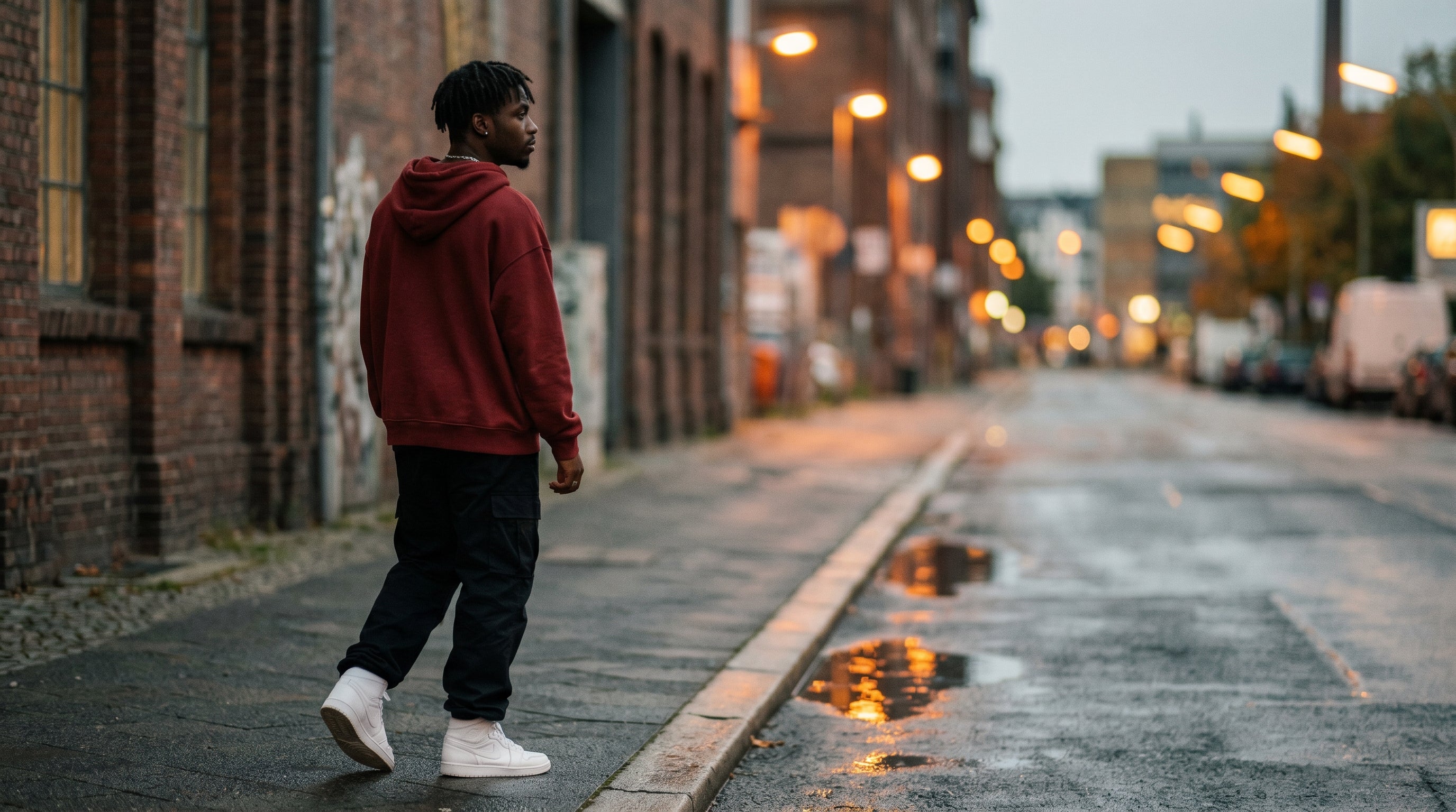 Bordeaux Hoodie oversized Cargo Black Sneaker Sidewalk Abend Streetwear