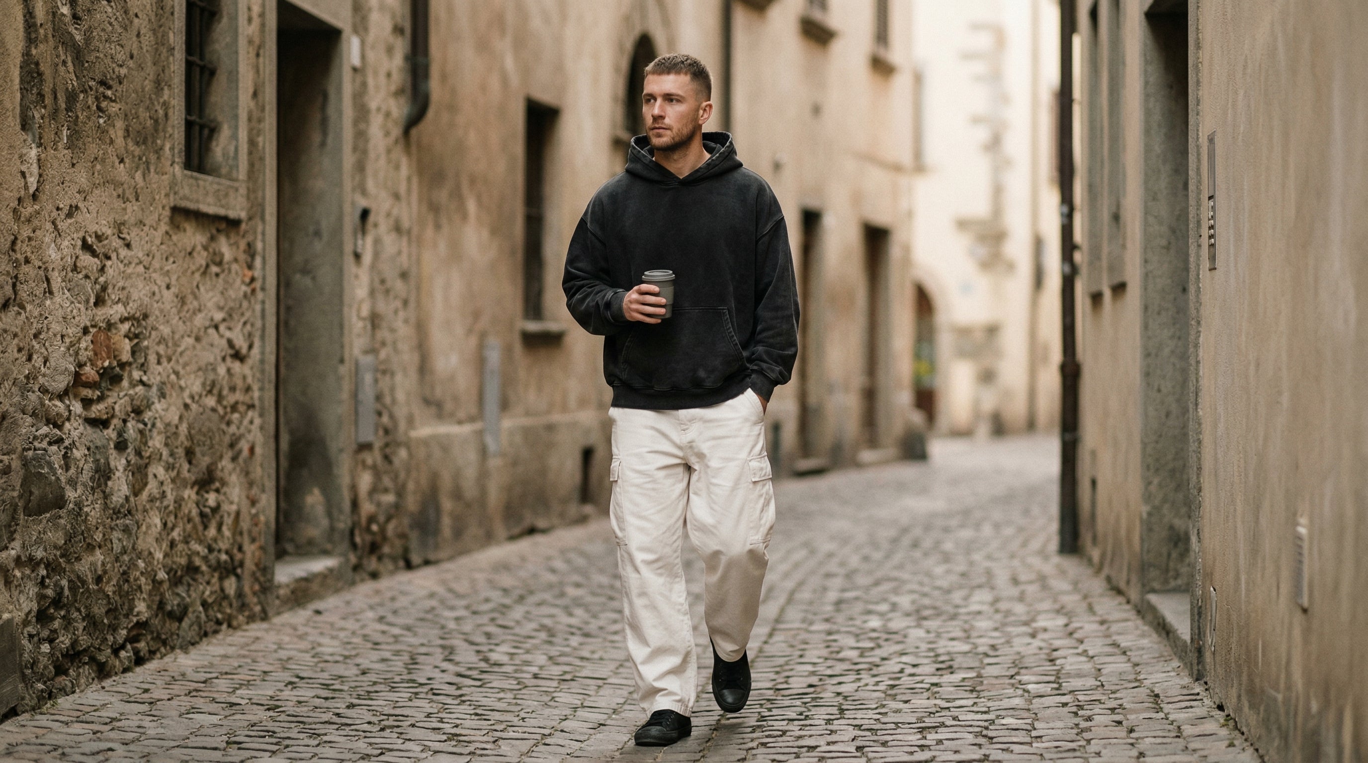Streetwear Founder geht durch Altstadt Gasse schwarzer Hoodie cremefarbene Cargo Hose fruehe Morgenstunde
