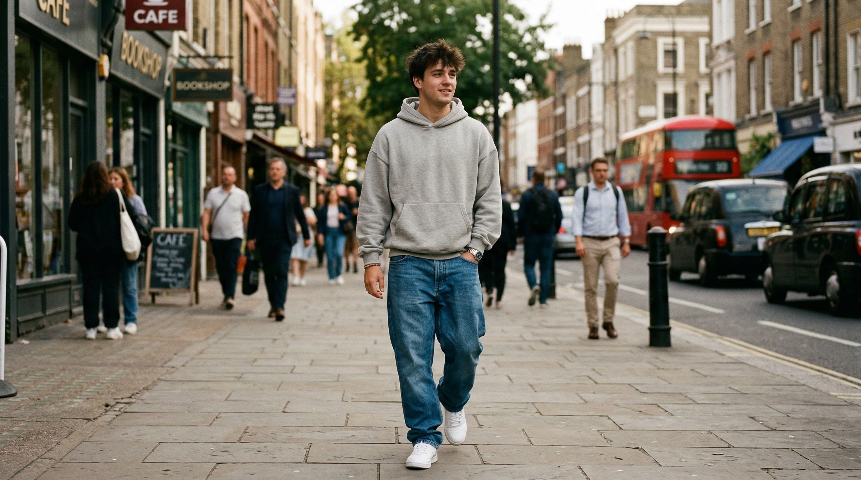 Mann in stone grey Oversized Hoodie auf Stadtstraße, Streetwear Outfit urban