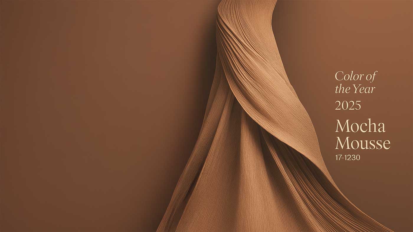 Stilvolles Visual in Mocha Mousse – Trendfarbe 2025 laut Pantone, elegant inszeniert mit fließender Stoffstruktur als abstraktes Fashion-Statement.