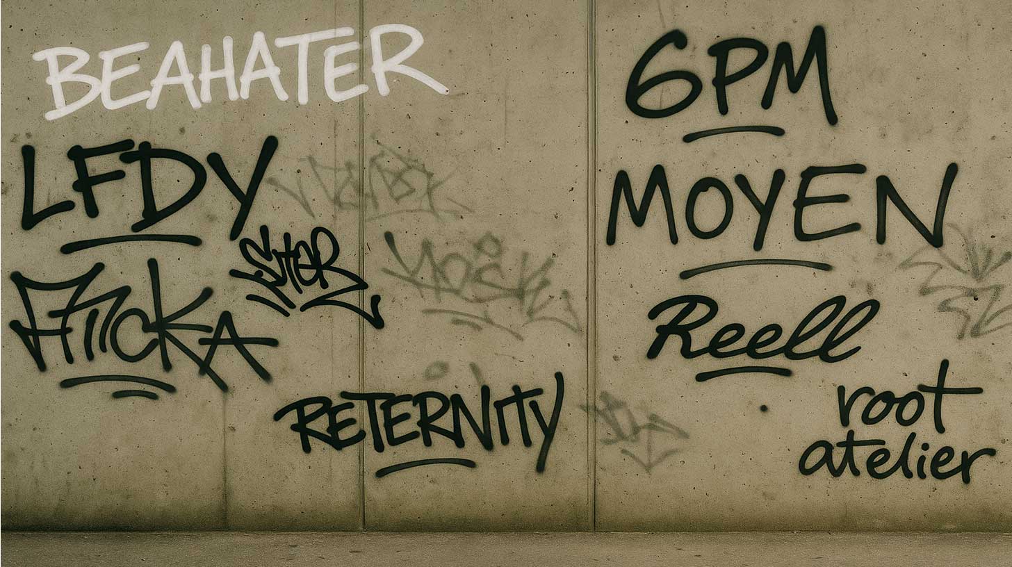 Graffiti-Wand mit Logos deutscher Streetwear-Marken wie BEAHATER, LFDY, 6PM, MOYEN, root atelier und RETERNITY auf Betonhintergrund