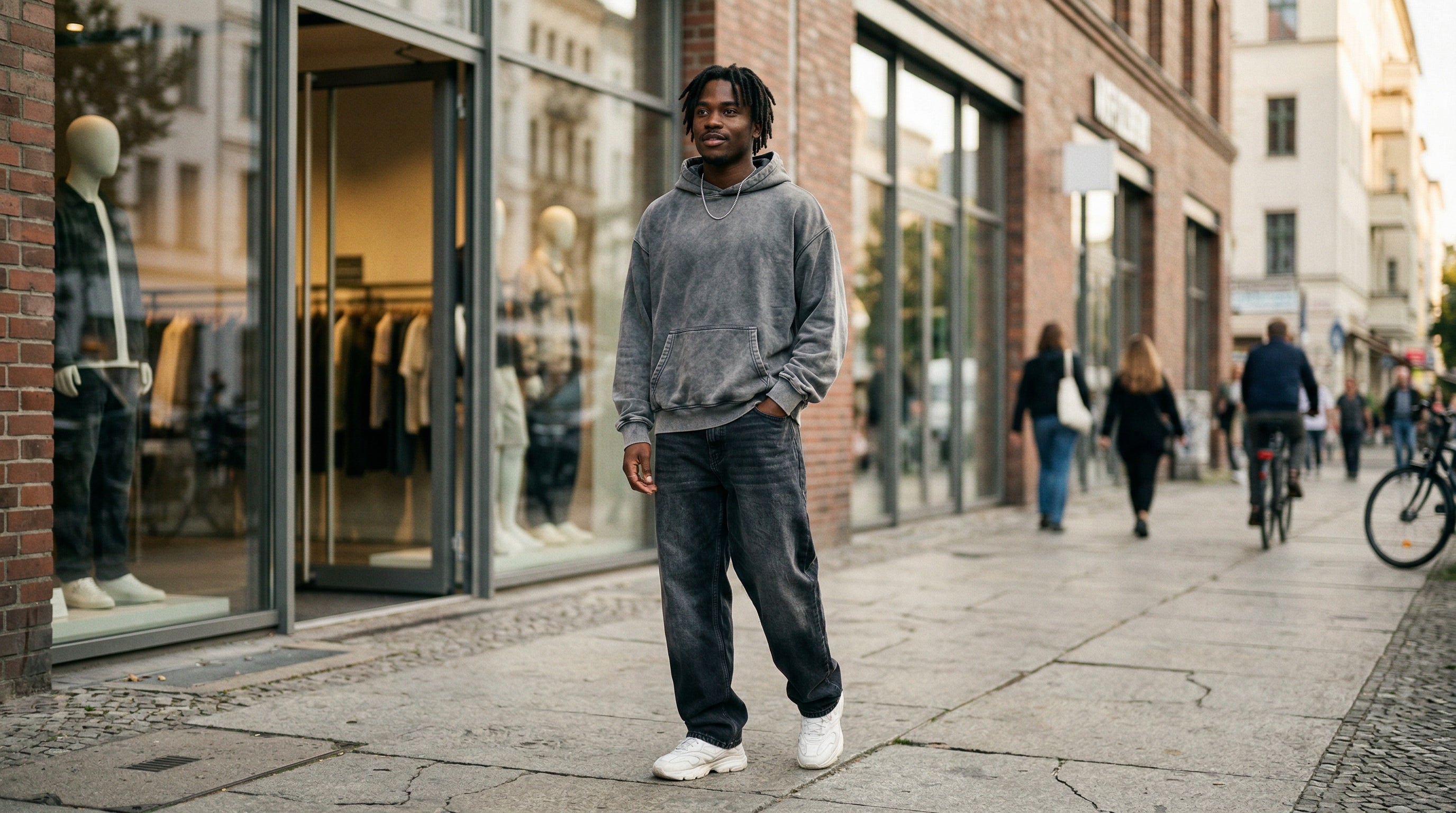 Streetwear Shop Deutschland Schaufenster Berlin mit Kunde in grauem Oversized Hoodie und Baggy Jeans