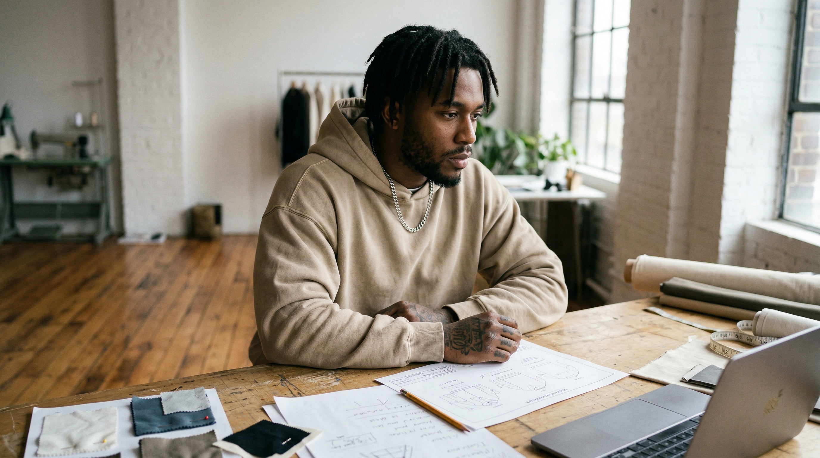 Streetwear Brandgruender mit Tech Pack und Stoffproben im Design Studio