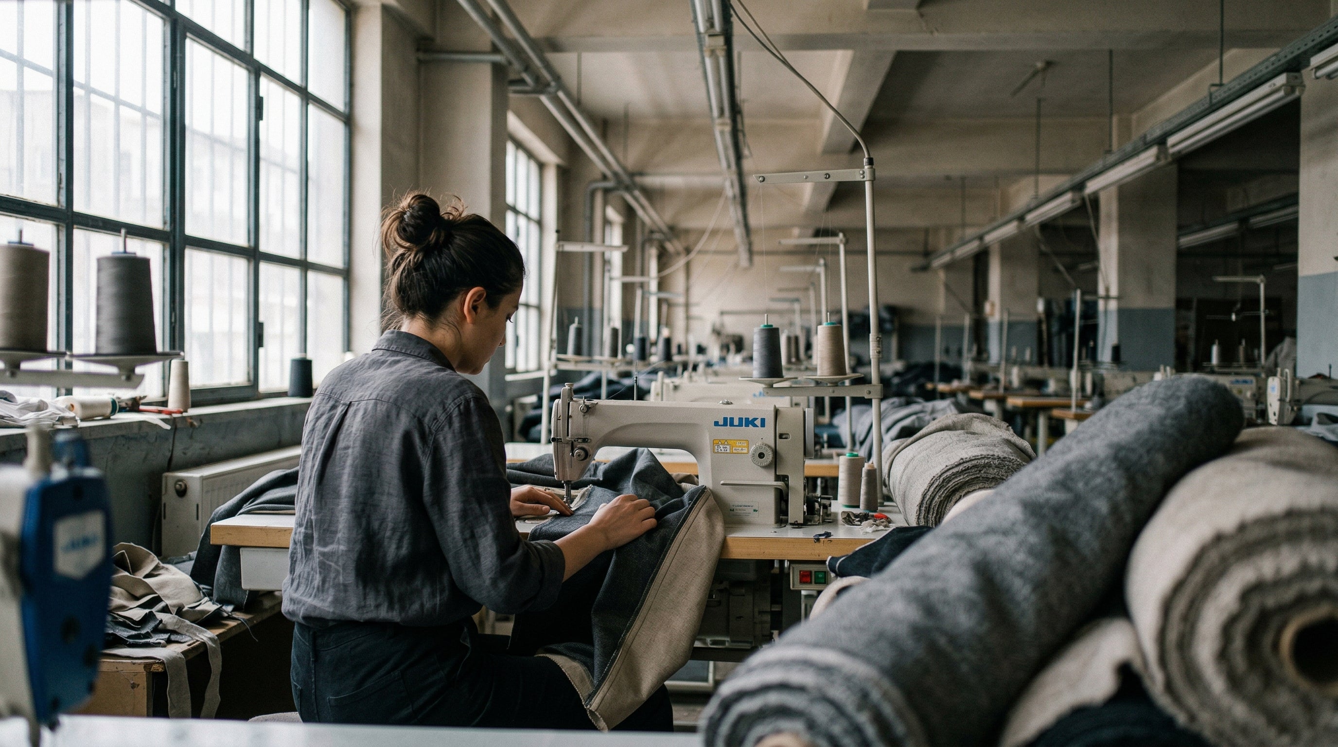 Moderne Textilfabrik in Istanbul mit Reihen industrieller Naehmaschinen und grauen Streetwear-Stoffen