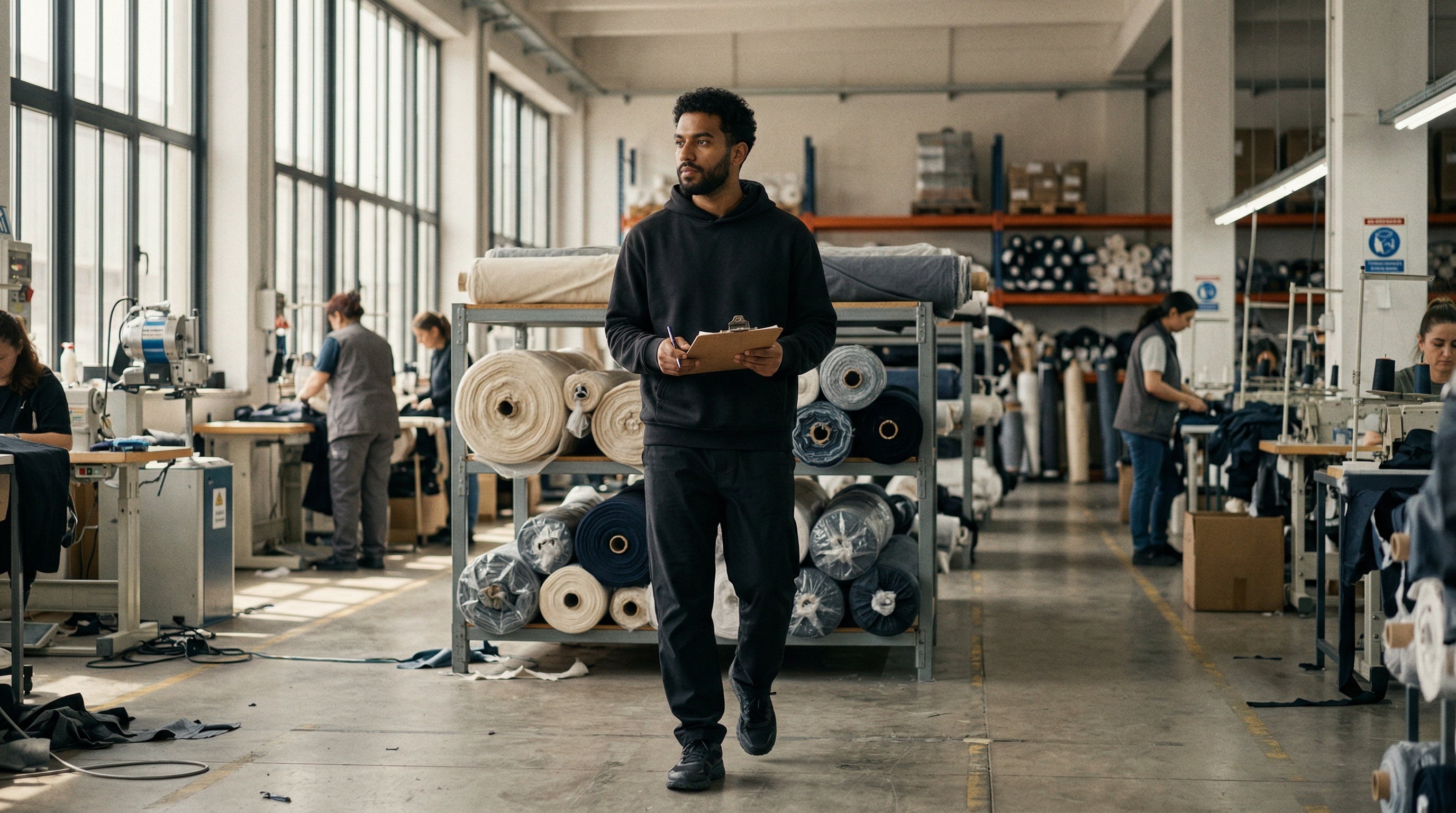 Moderne Textilfabrik Halle mit Stoffrollen, Brand Founder mit Clipboard