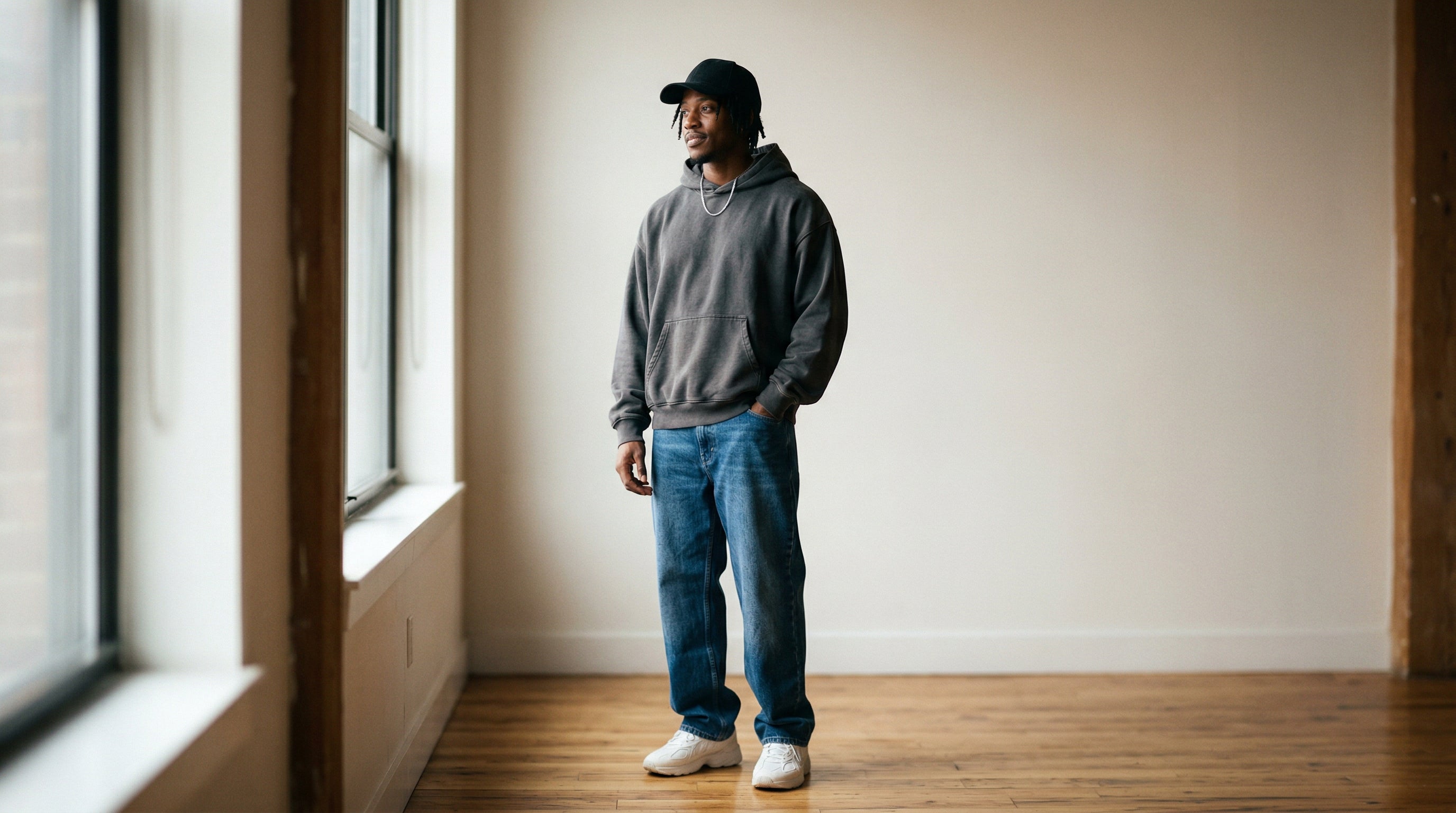 Streetwear Definition: Junger Mann in grauem oversized Hoodie und baggy Jeans im Loft