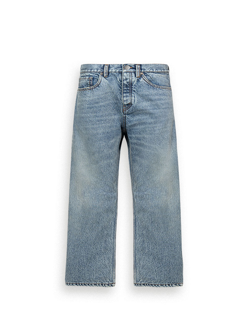 Loose Fit Baggy Jeans Faded Mid Blue flach fotografiert – Used Look Denim Hose mit Waschung