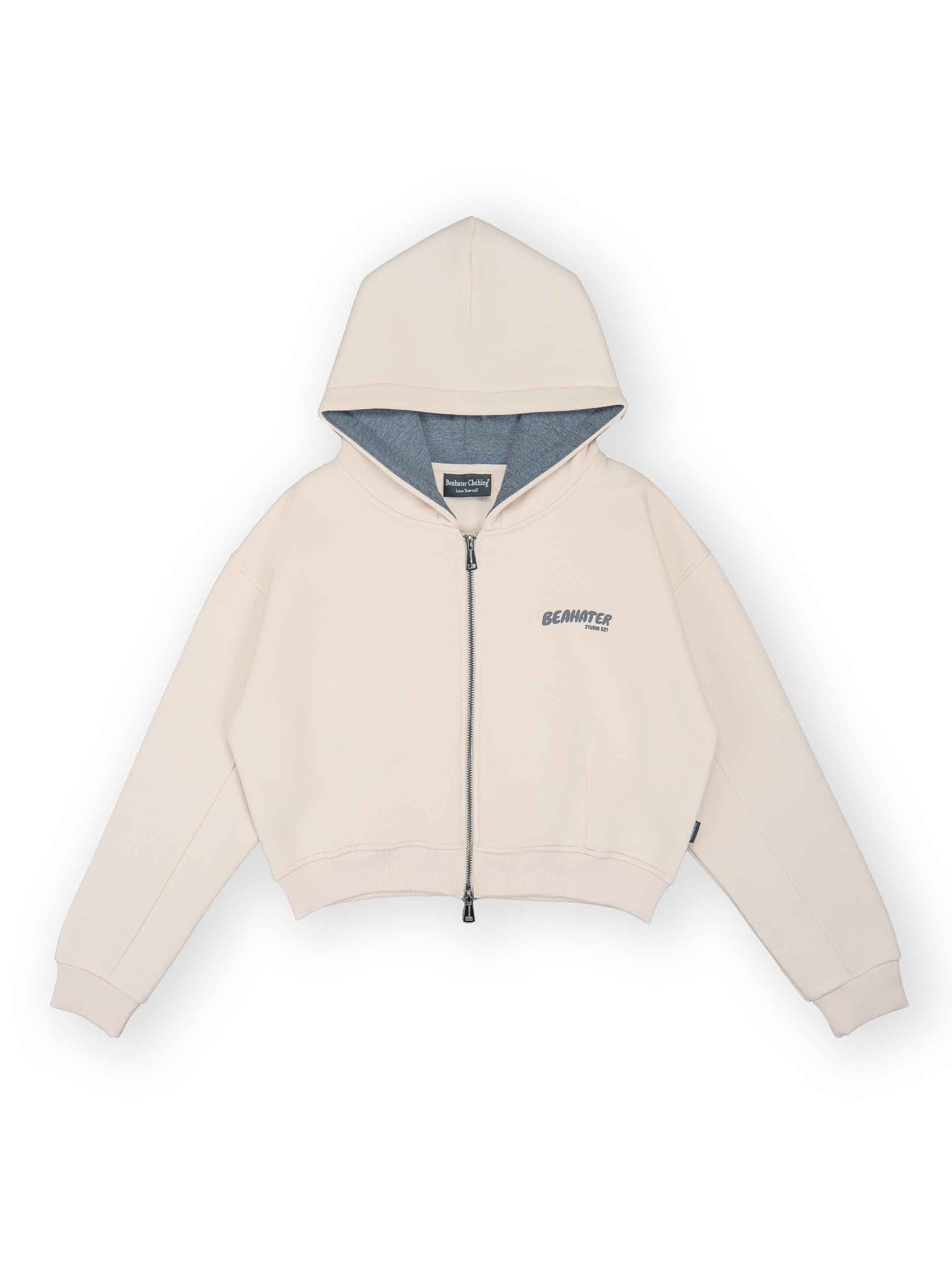 Cropped Zip Hoodie Beige mit Boxy Fit, grauer Kapuze & 440 GSM – moderner Schnitt auf Hüfthöhe