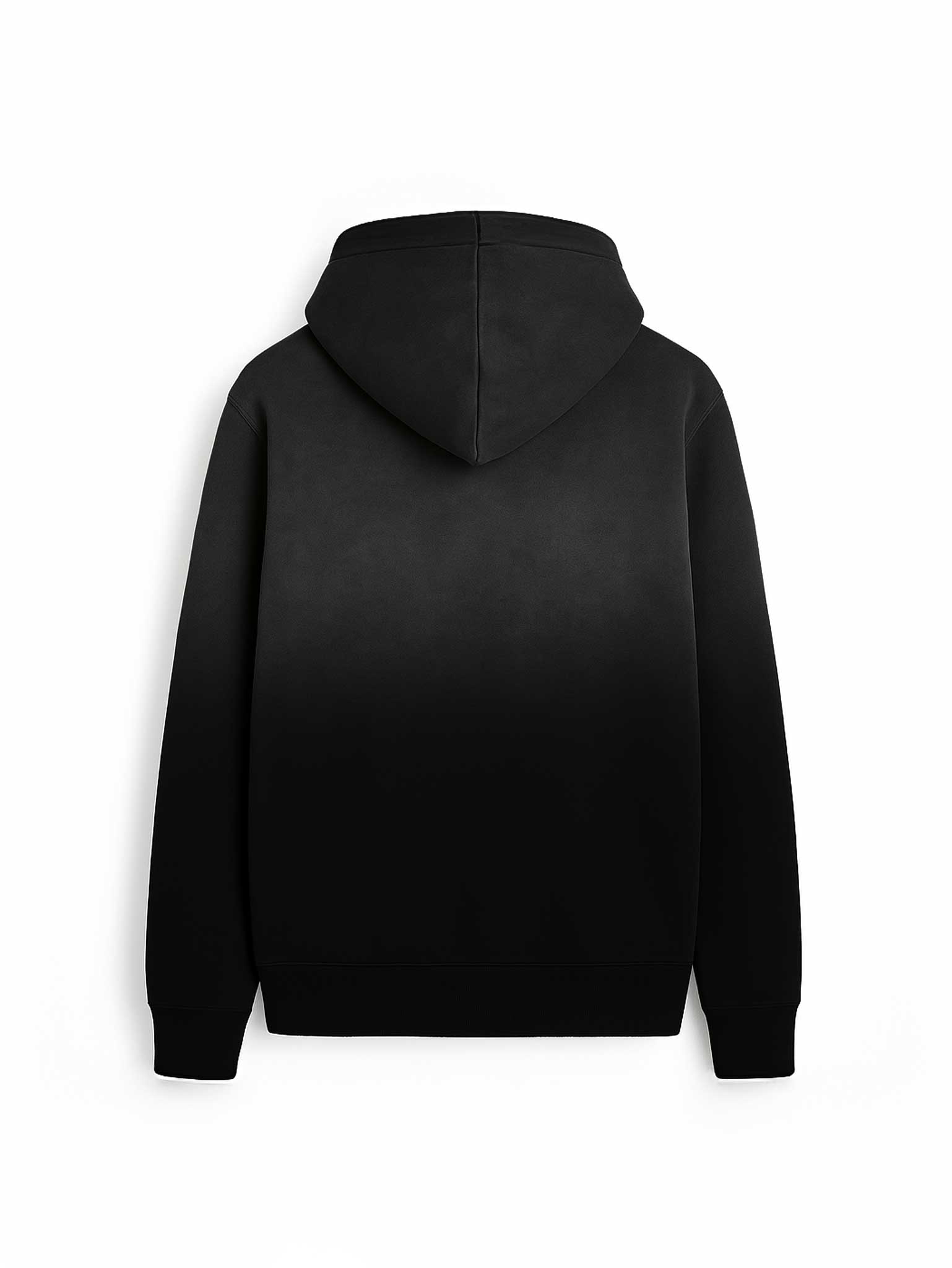 Backansicht vom Zip Hoodie in Schwarz mit Oversized-Fit und breiten Bündchen – Washed Black Look, 480 GSM French Terry für urbanen Streetwear-Style