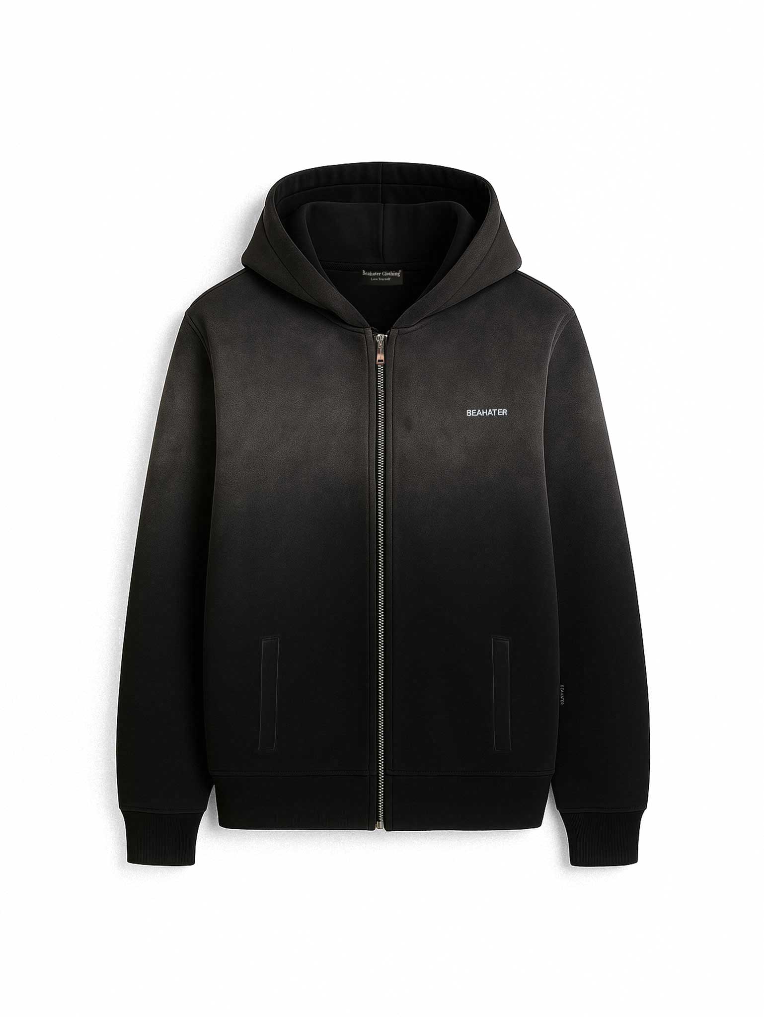 Oversized Zip Hoodie in Black mit Vintage-Washed-Look – Frontansicht mit Reißverschluss, Kapuze und versteckter Tasche, 480 GSM Heavyweight Streetwear