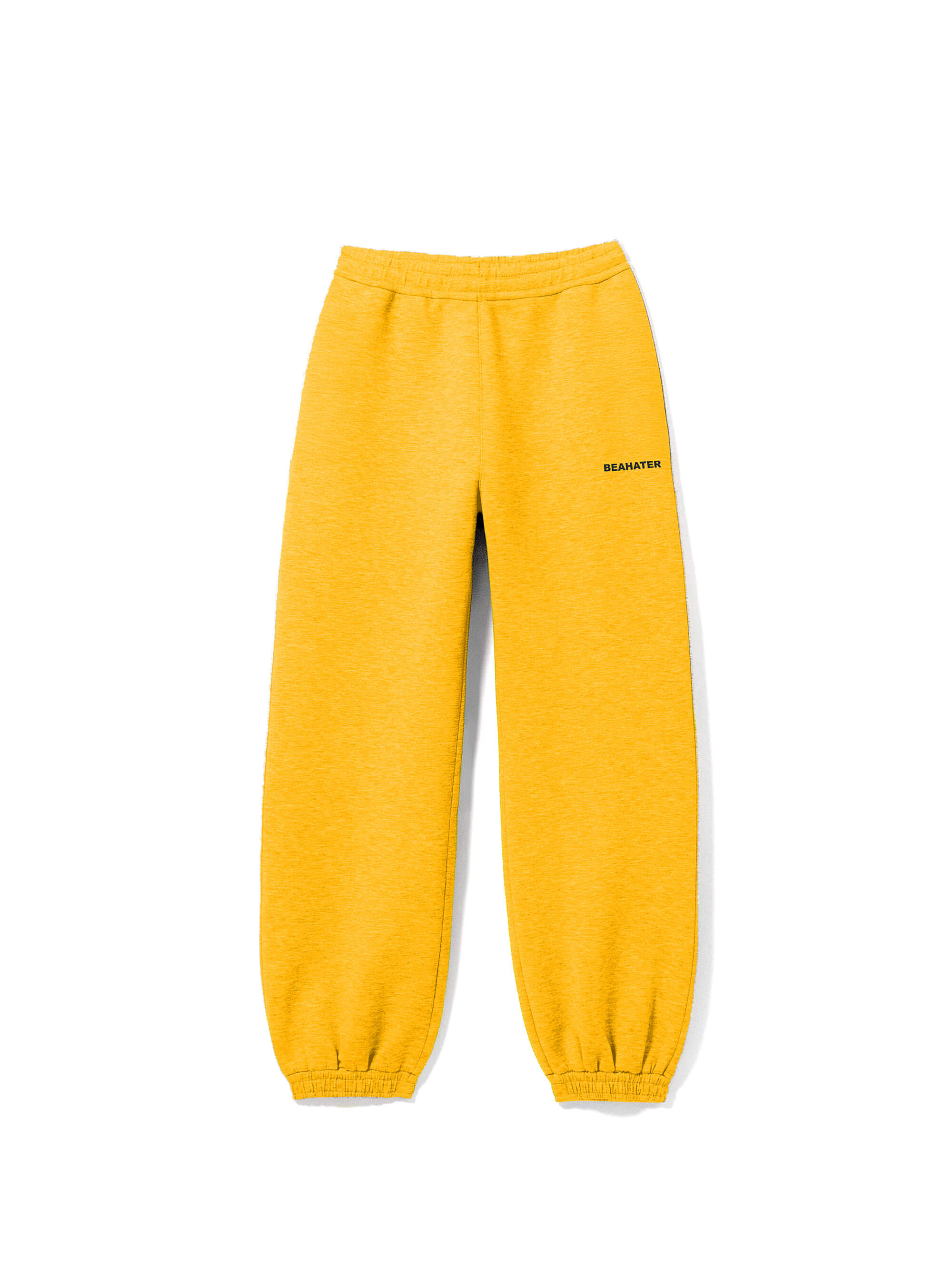 Baggy Jogger Sweatpants in Mustard Yellow für Herren und Damen, Frontansicht auf weißem Hintergrund, hochwertiger French Terry Stoff mit elastischem Bund und relaxed Streetwear Fit