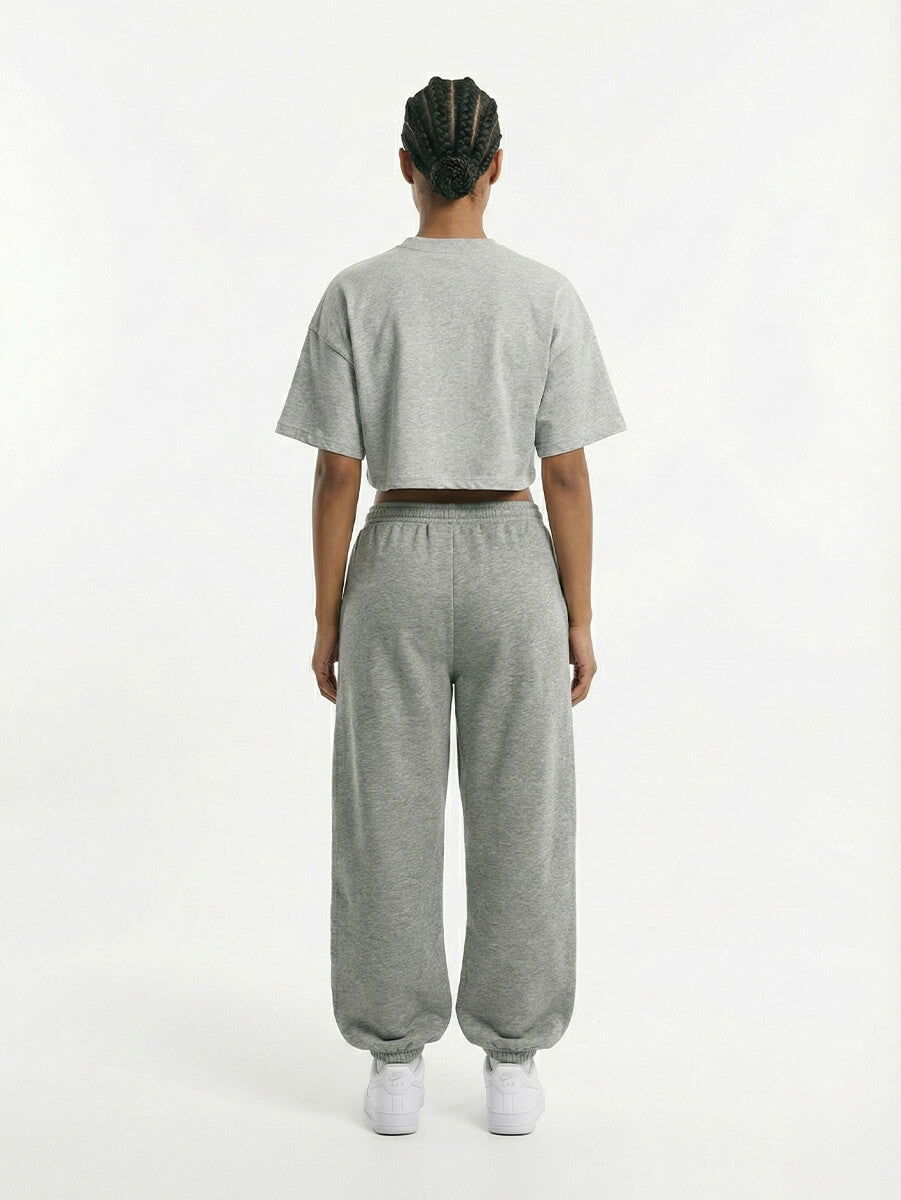 Rückansicht des Cropped Oversized T-Shirts in Light Grey von BEAHATER, getragen am Model