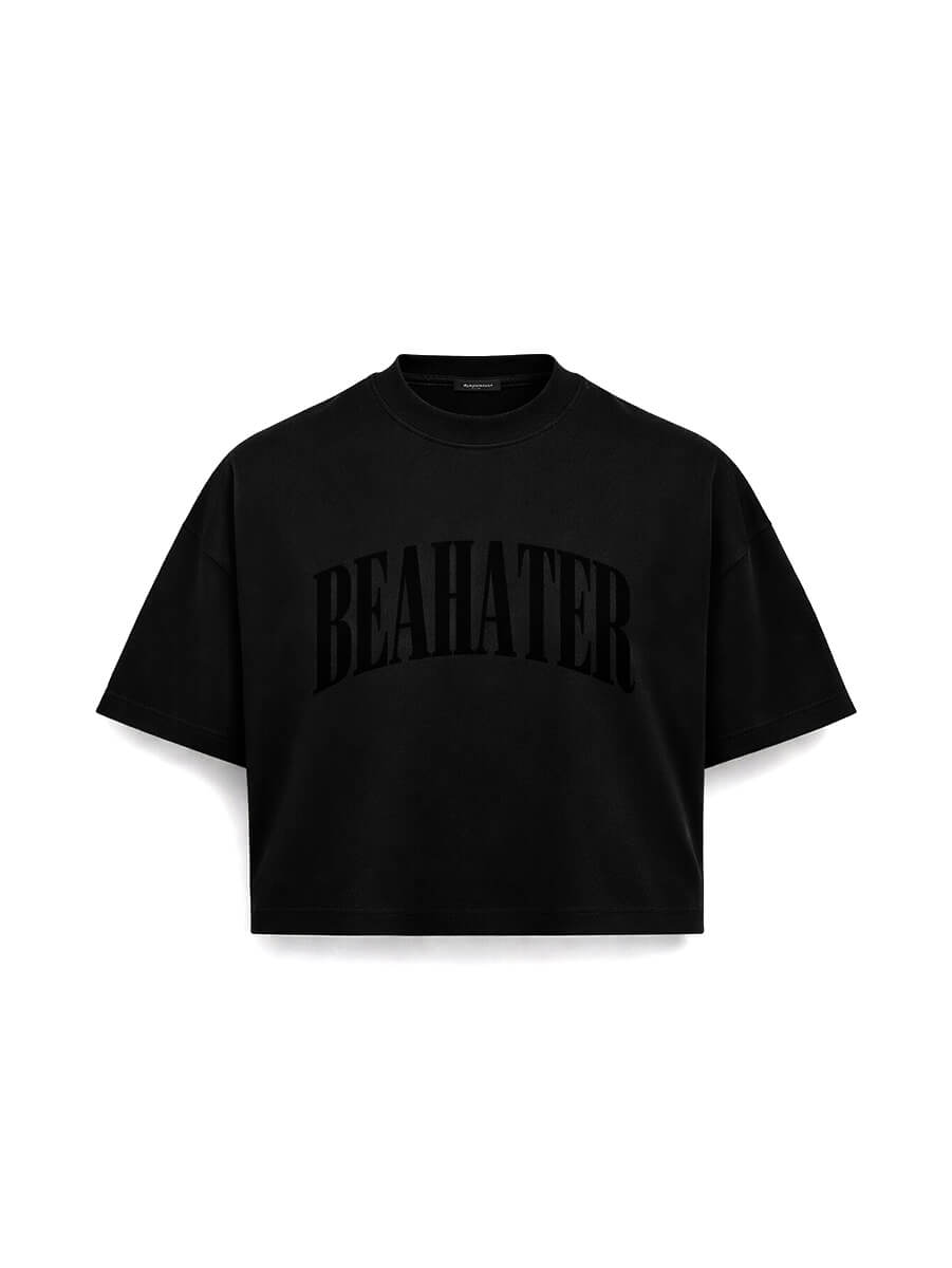 Schwarzes Cropped Oversized T-Shirt von BEAHATER, Vorderansicht als Produktfreisteller
