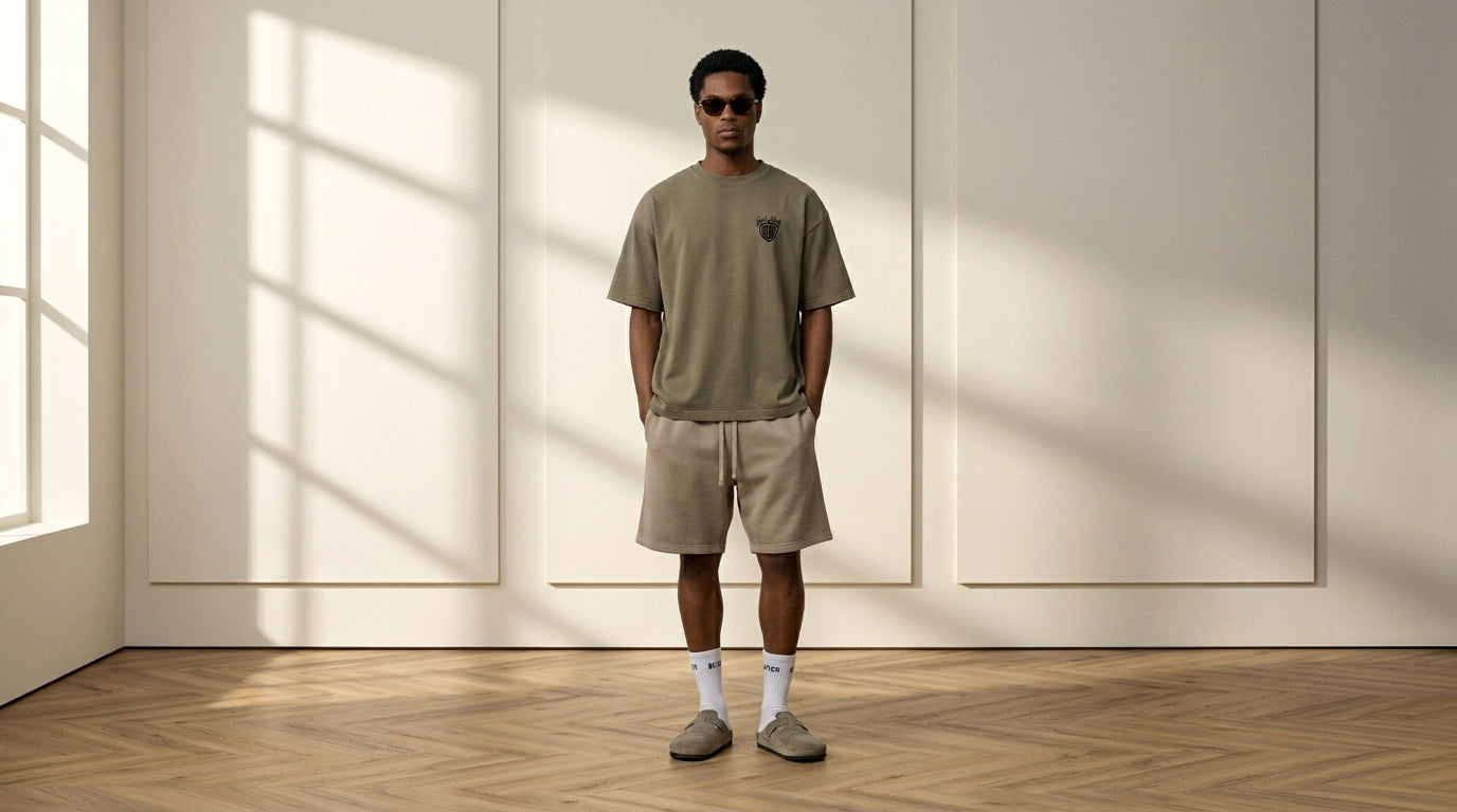 Herren Outfit mit olivem BEAHATER Oversized T-Shirt und beigen Shorts