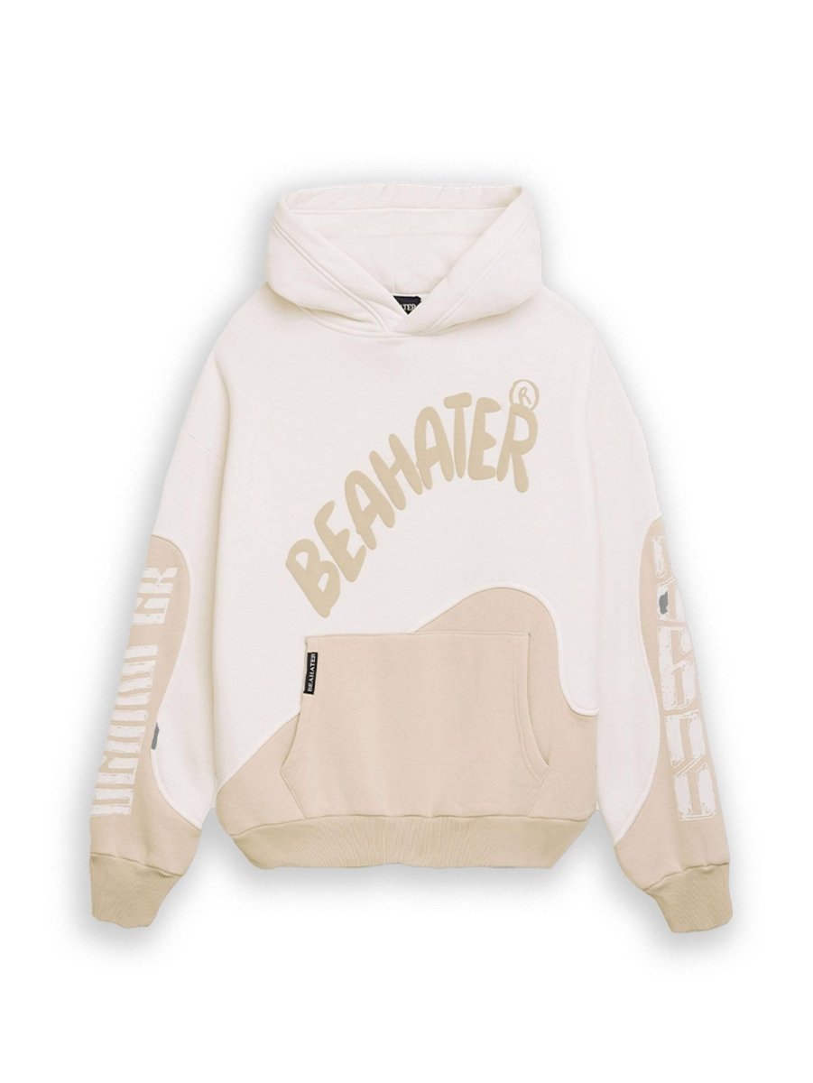 Beige Oversized Hoodie Damen mit Two-Tone-Wellenmuster & Puff-Print – Dope Crew Streetwear