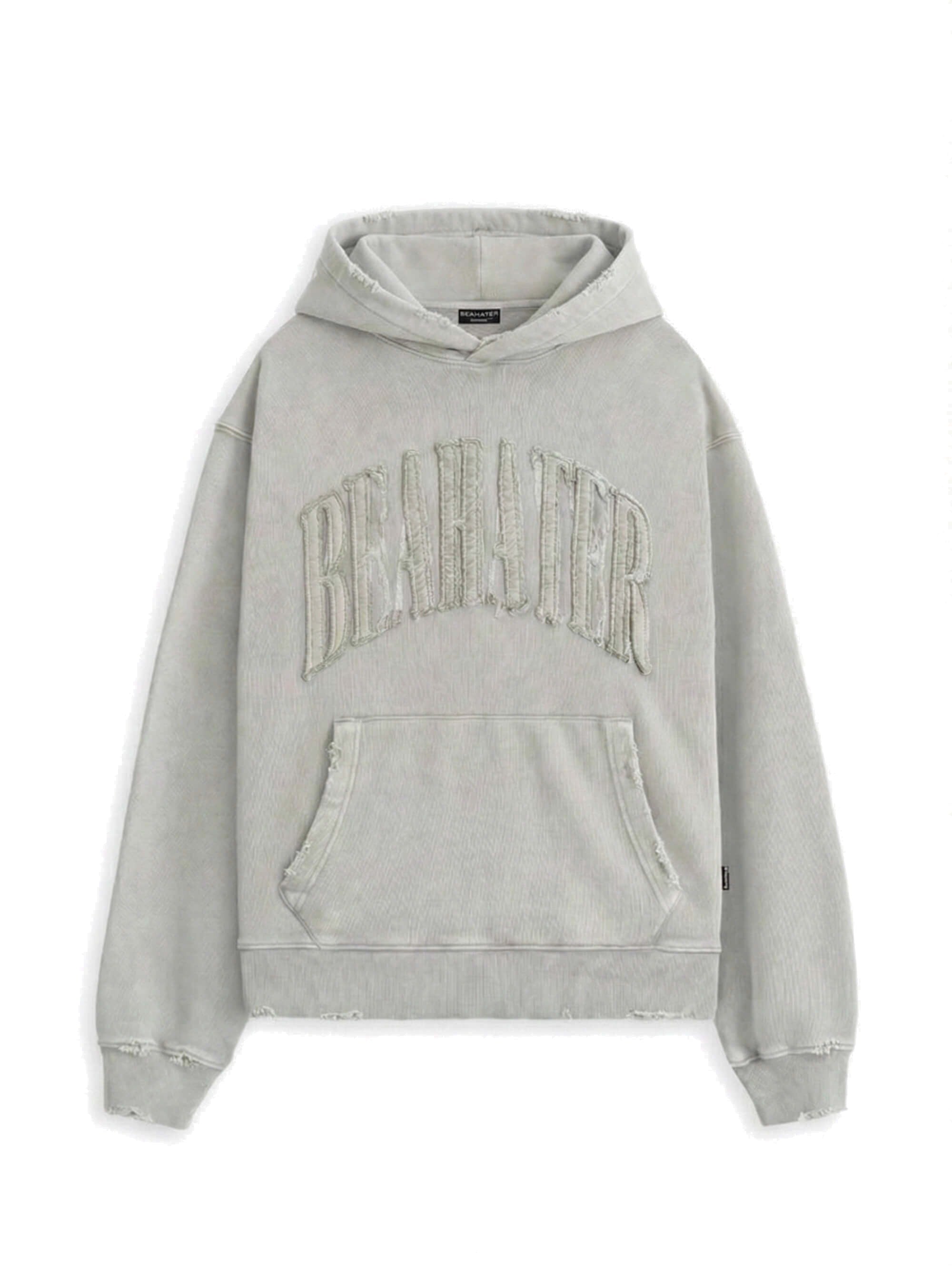 Oversized Hoodie in Grau, washed Heavyweight French Terry, Vorderseite mit Arch-Stickerei
