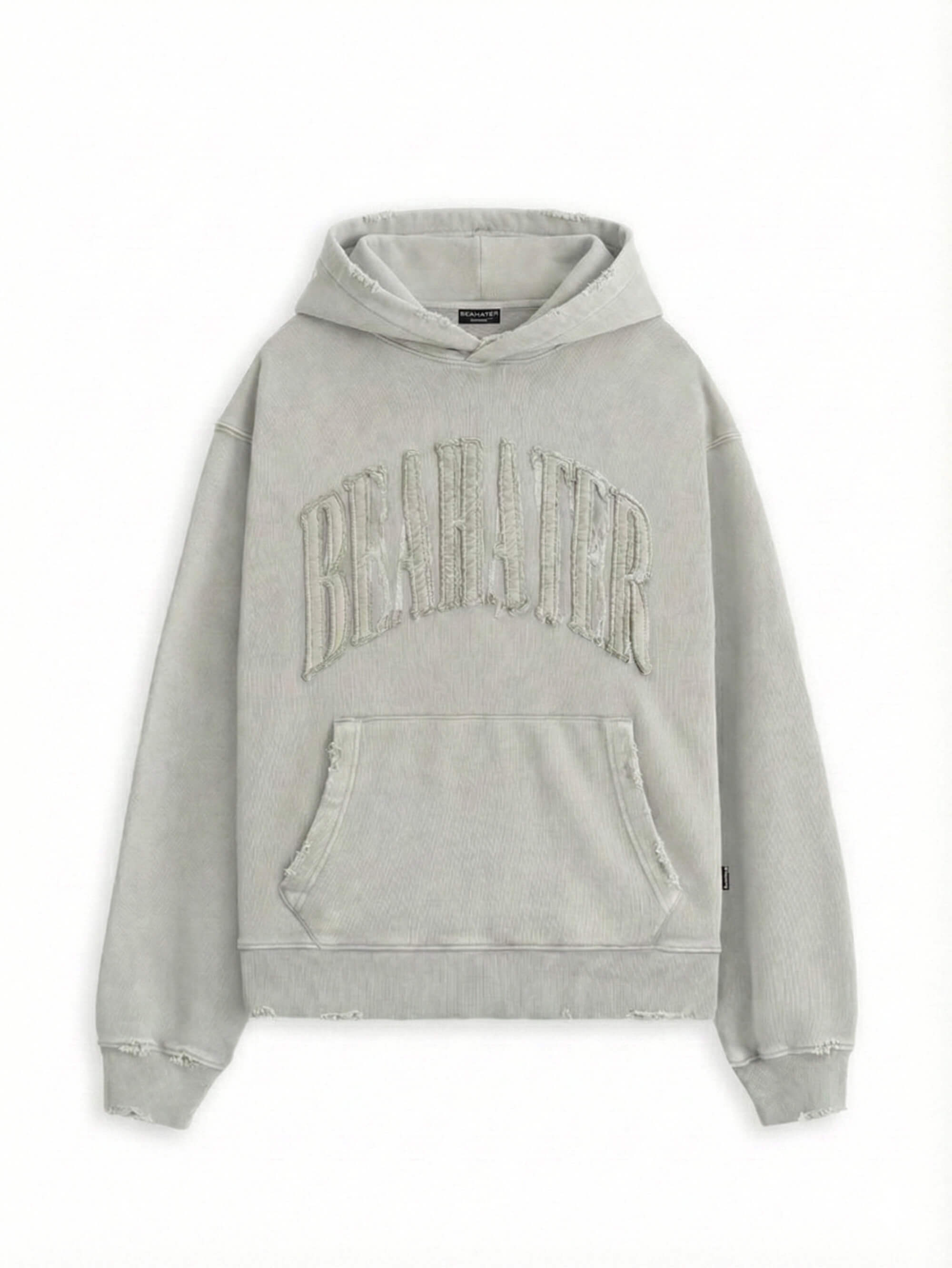 BEAHATER Oversized Hoodie Vintage Grey Frontansicht – Washed Look, Kängurutasche, 2D Stickerei