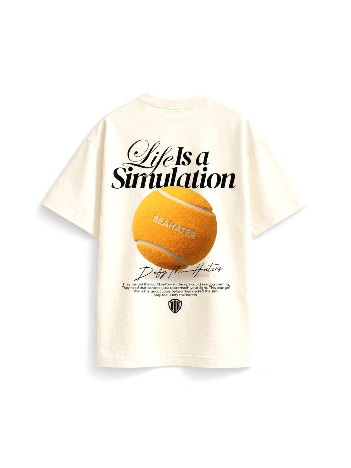 Oversized T-Shirt Herren Off White mit Tennisball Backprint Life Is a Simulation, Graphic Tee