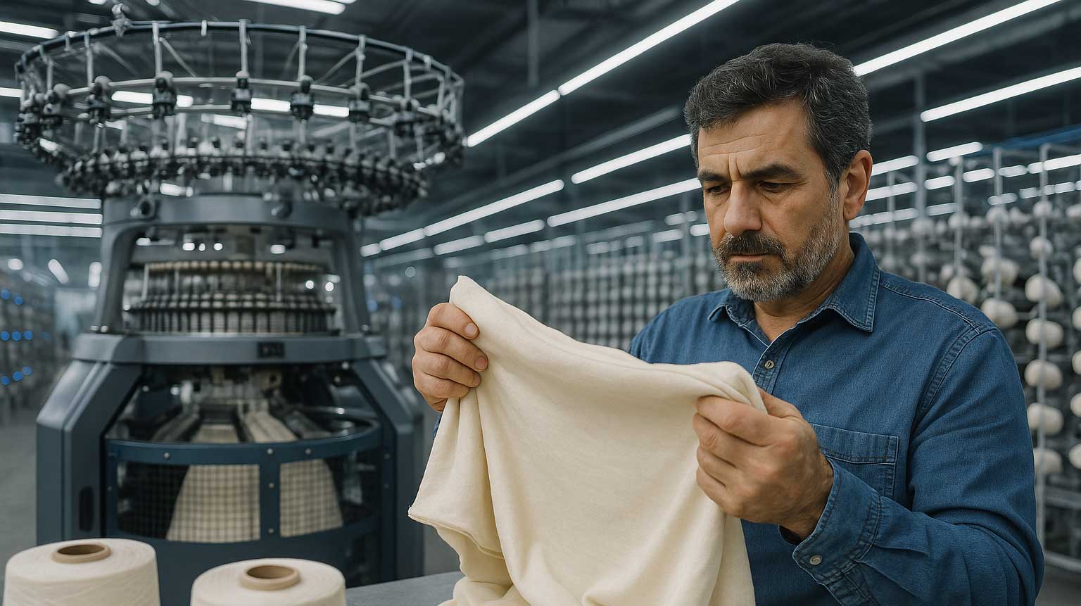 Textilarbeiter in moderner türkischer Produktionsstätte prüft hochwertigen Stoff vor industriellem Strickautomaten