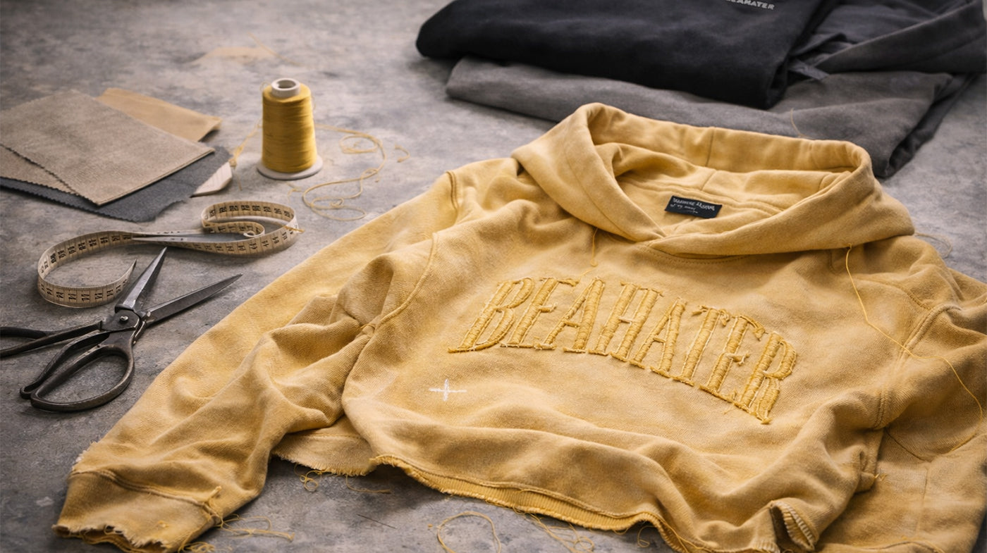 Unfertiger BEAHATER Hoodie in Vintage-Mustard auf Betonoberfläche, sichtbar in der Produktionsphase mit offenen Nähten, losem Garn und Materialproben, Fokus auf Qualität und Materialauswahl.