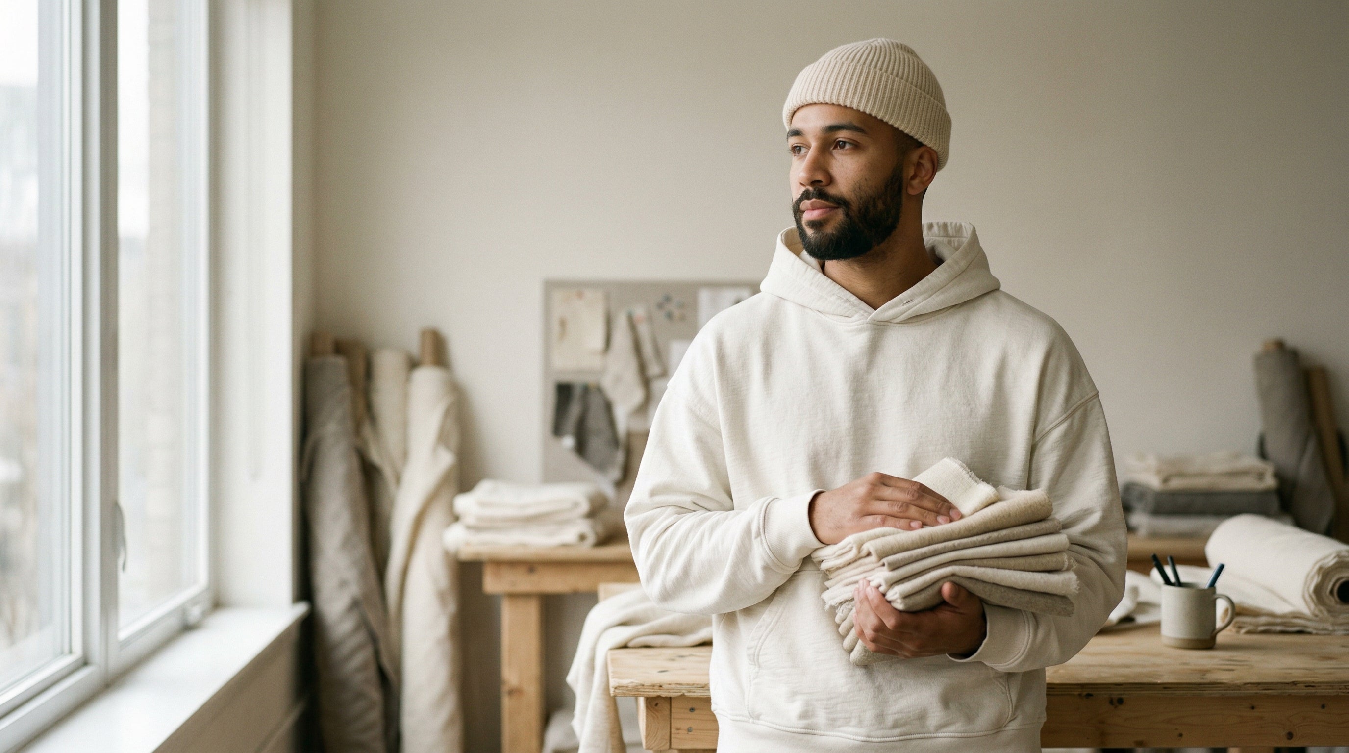 Gruender im Studio mit Stapel cremefarbener Stoff-Swatches aus nachhaltigen Textilien