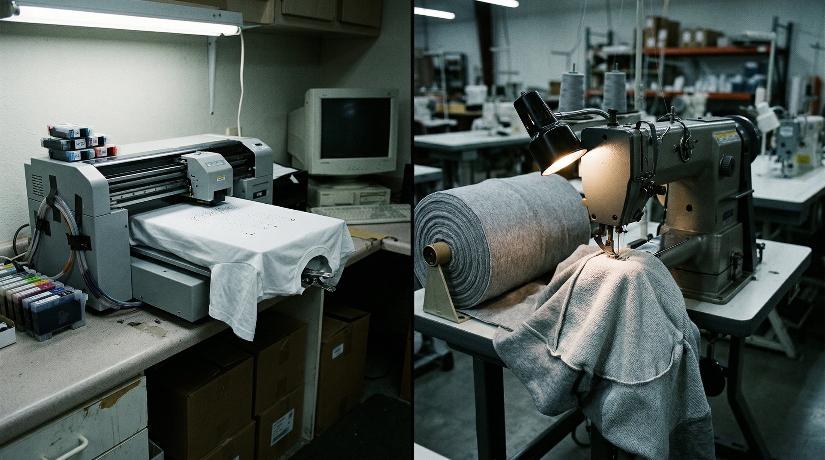 Split view DTG Drucker generischer Blank neben Industrienaehmaschine mit Premium Stoffrolle in Textilfabrik