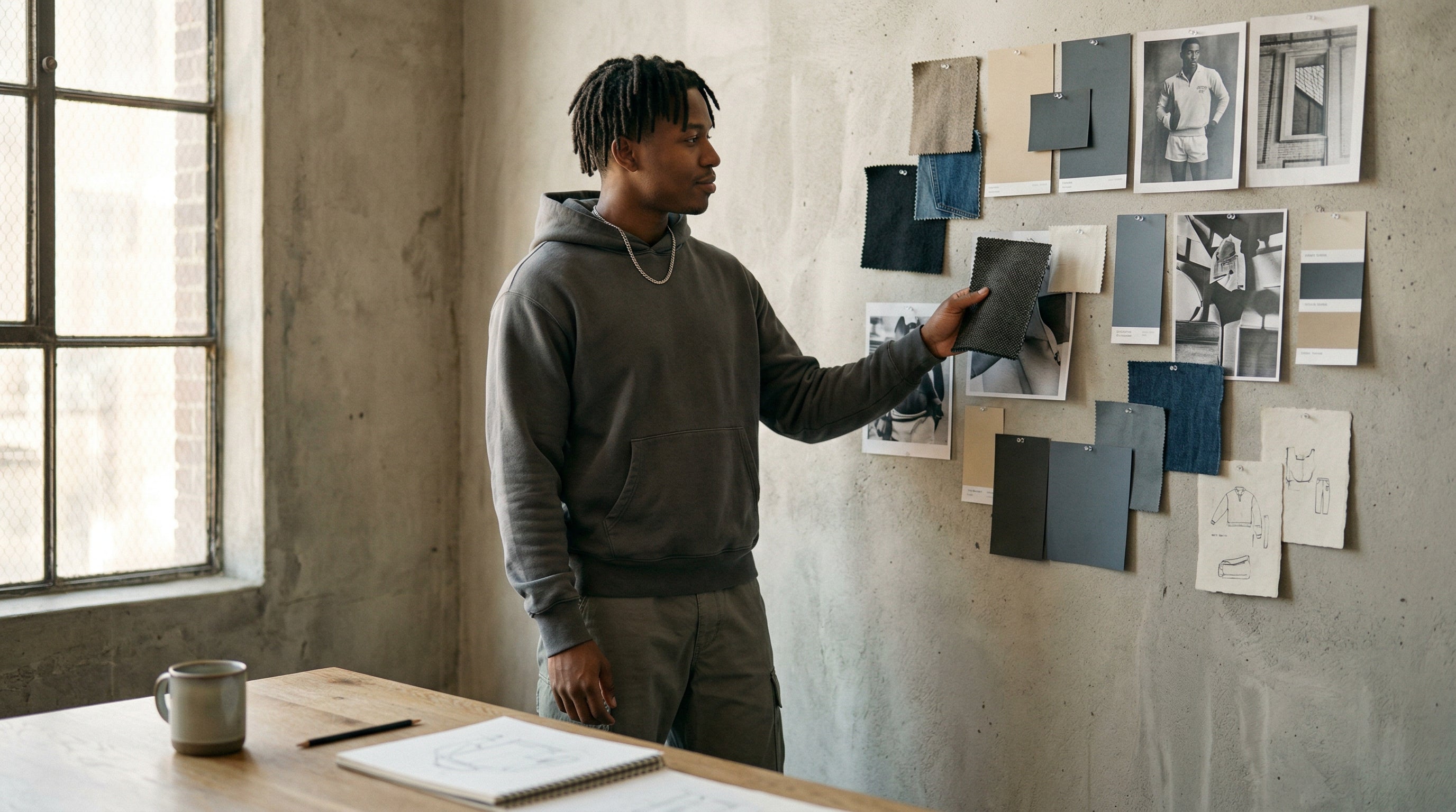 Gruender im minimalistischen Studio vor Moodboard mit Stoffproben waehrend Markenaufbau