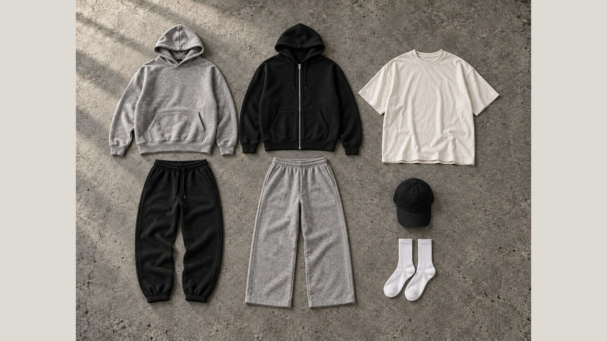 Editorial-Illustration: sieben Streetwear-Basics in Grau, Schwarz und Off-White auf Beton.