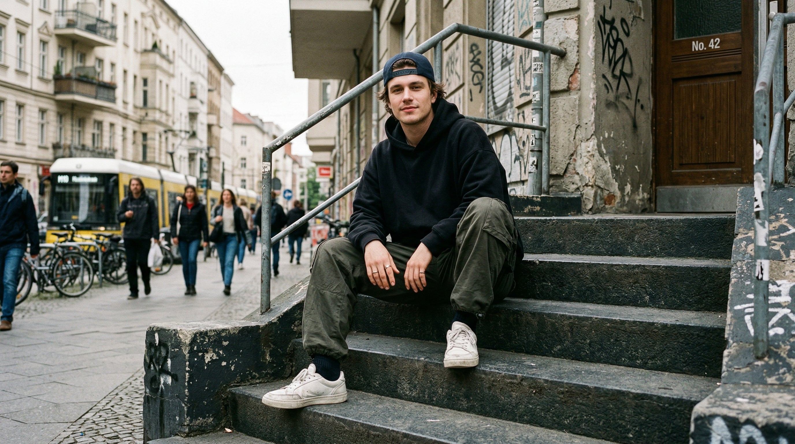 Mann in schwarzem Oversized Hoodie auf Stadttreppe, Streetwear Outfit urban