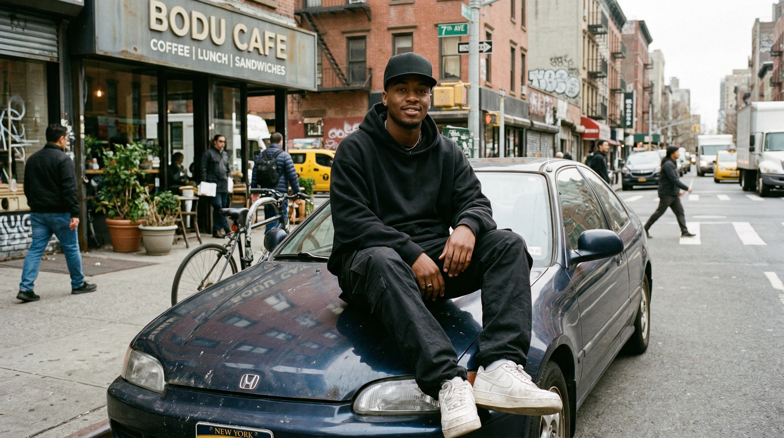 Junger Mann sitzt auf Motorhaube, schwarze Cap, Streetwear Outfit, urbane Straße