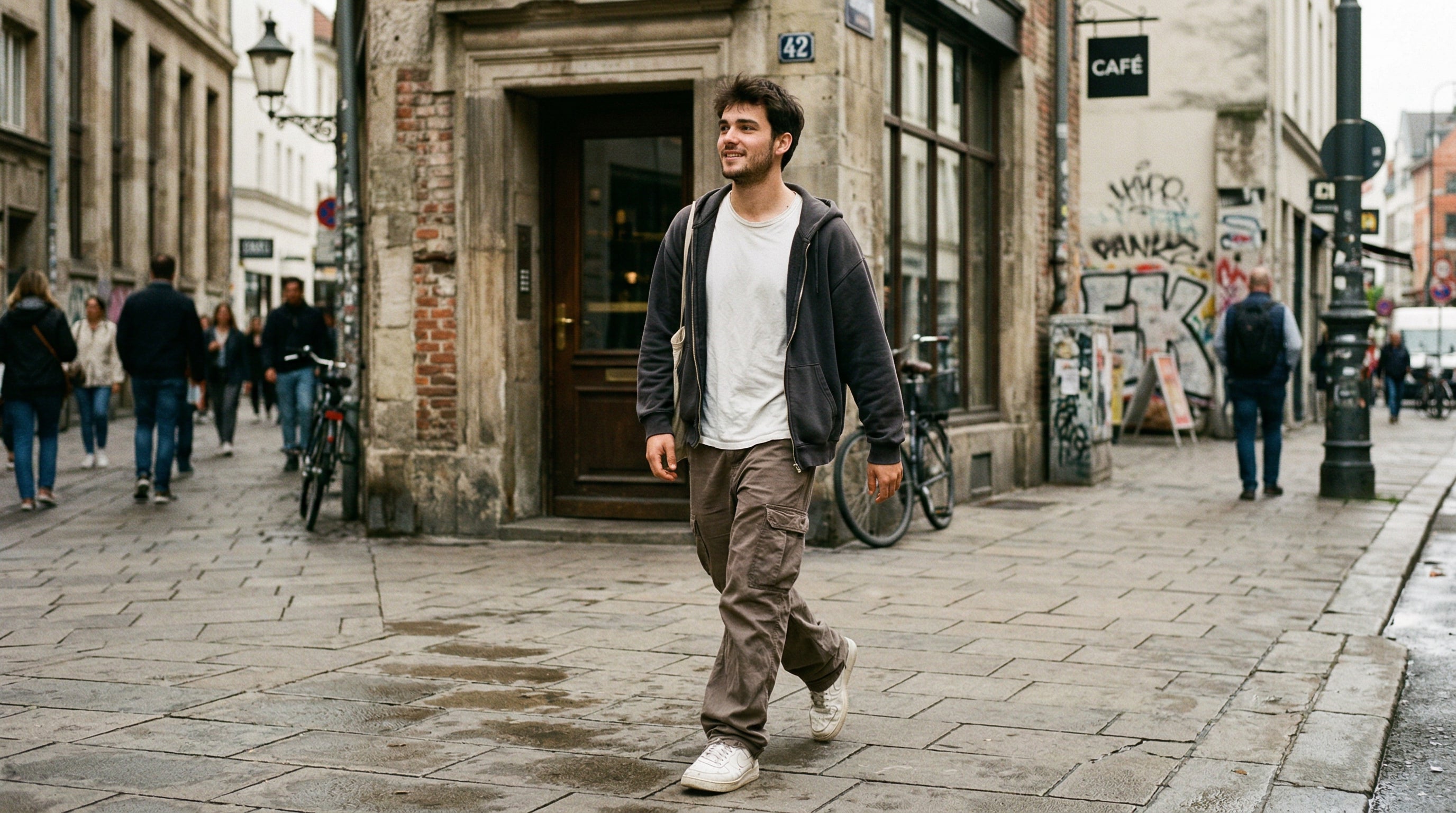 Junger Mann trägt offenen Zipper Hoodie auf Stadtstraße, Streetwear Outfit