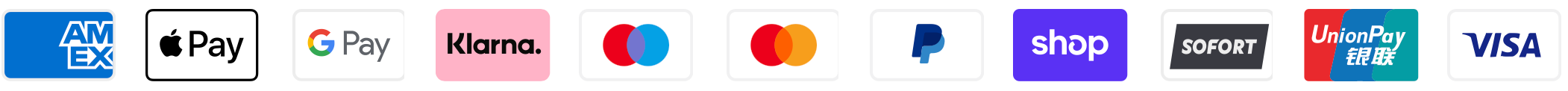 Logos verschiedener Zahlungsmethoden: American Express, Apple Pay, Google Pay, Klarna, Mastercard, PayPal, Shop Pay, Sofortüberweisung, UnionPay, Visa.