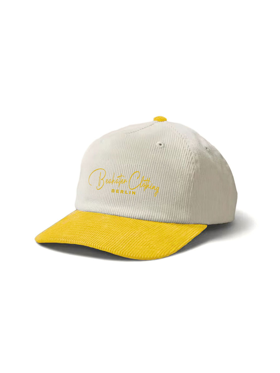 Cord Cap Gelb – Retro Baseball Style, besticktes Design & anpassbarer Strapback für perfekten Sitz.