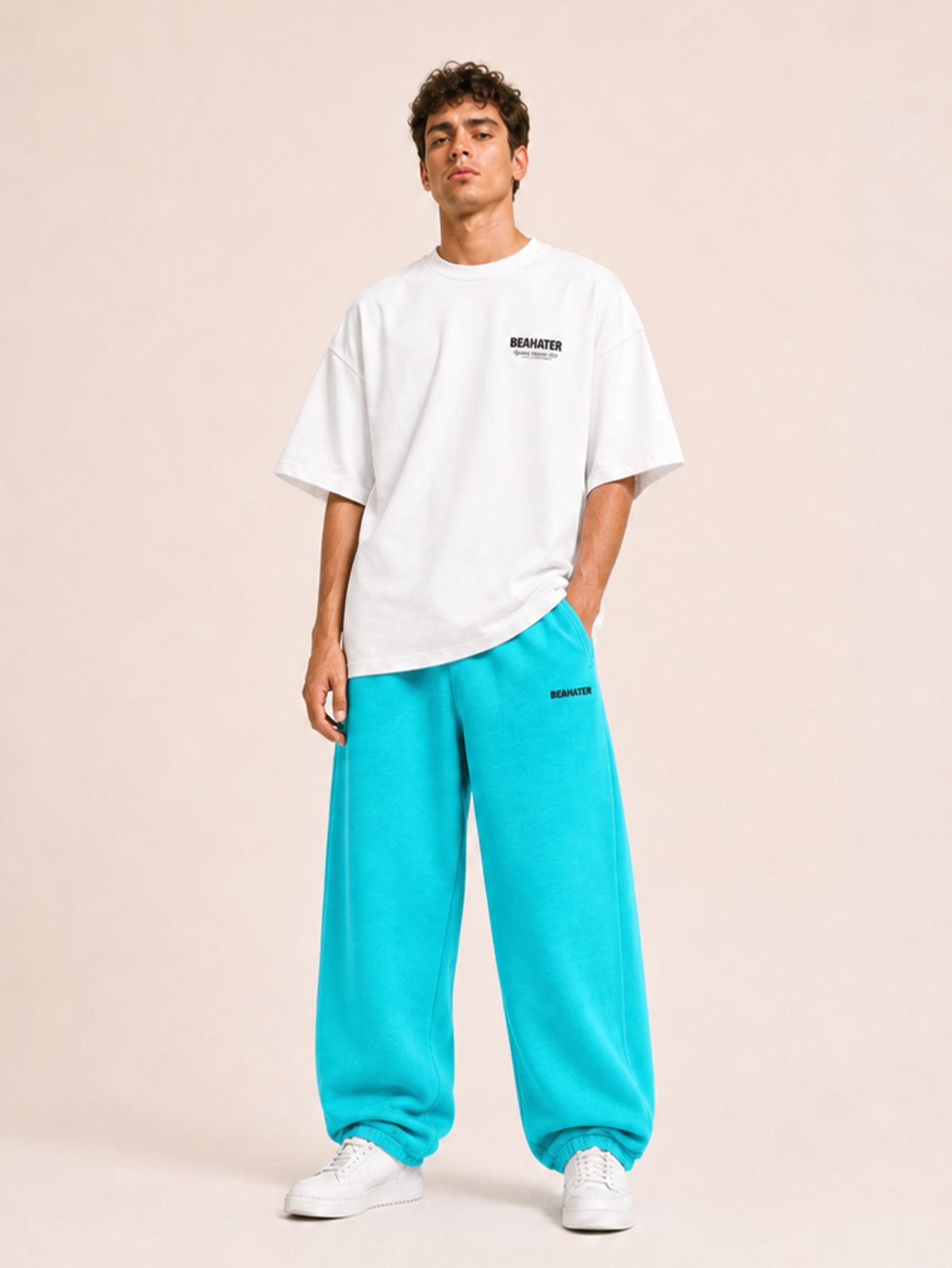 Pastellblaue Baggy Jogginghose, French Terry 340 g/m², lockerer Fit, Herren Streetwear Look