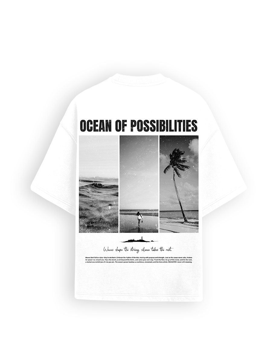 BEAHATER Oversized T-Shirt Weiß – Puff Print Logo auf Front, 255 GSM Heavy Cotton, Unisex Streetwear