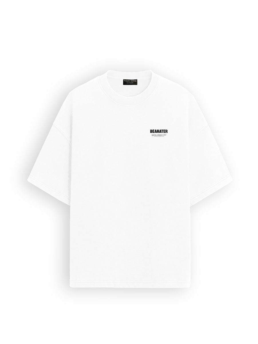BEAHATER Oversized T-Shirt Weiß – Water-Based Screen Print Back in Washed Look, 255 GSM Heavy Cotton, Unisex Streetwear