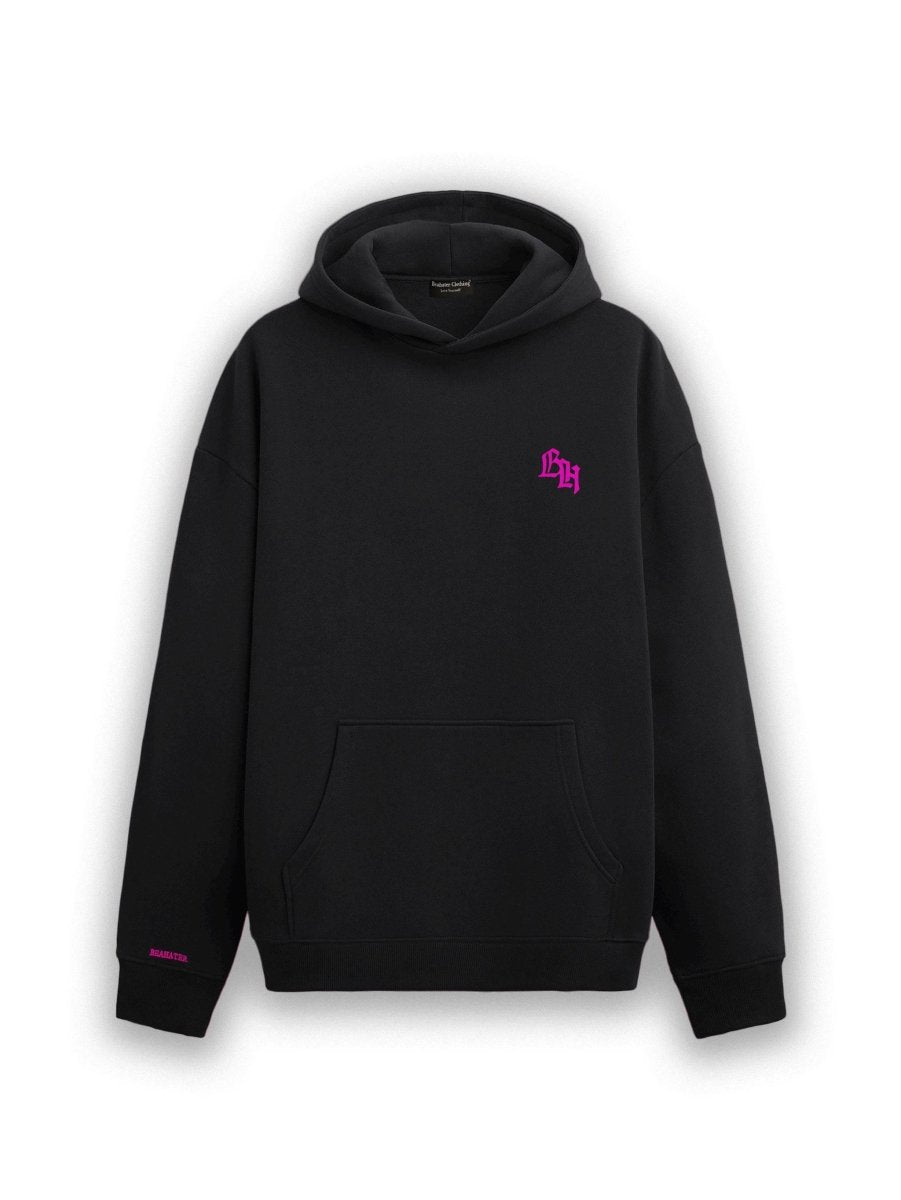 Rückseite schwarzer Oversized Hoodie mit Legacy-Schriftzug – 660 GSM Streetwear für Damen & Herren