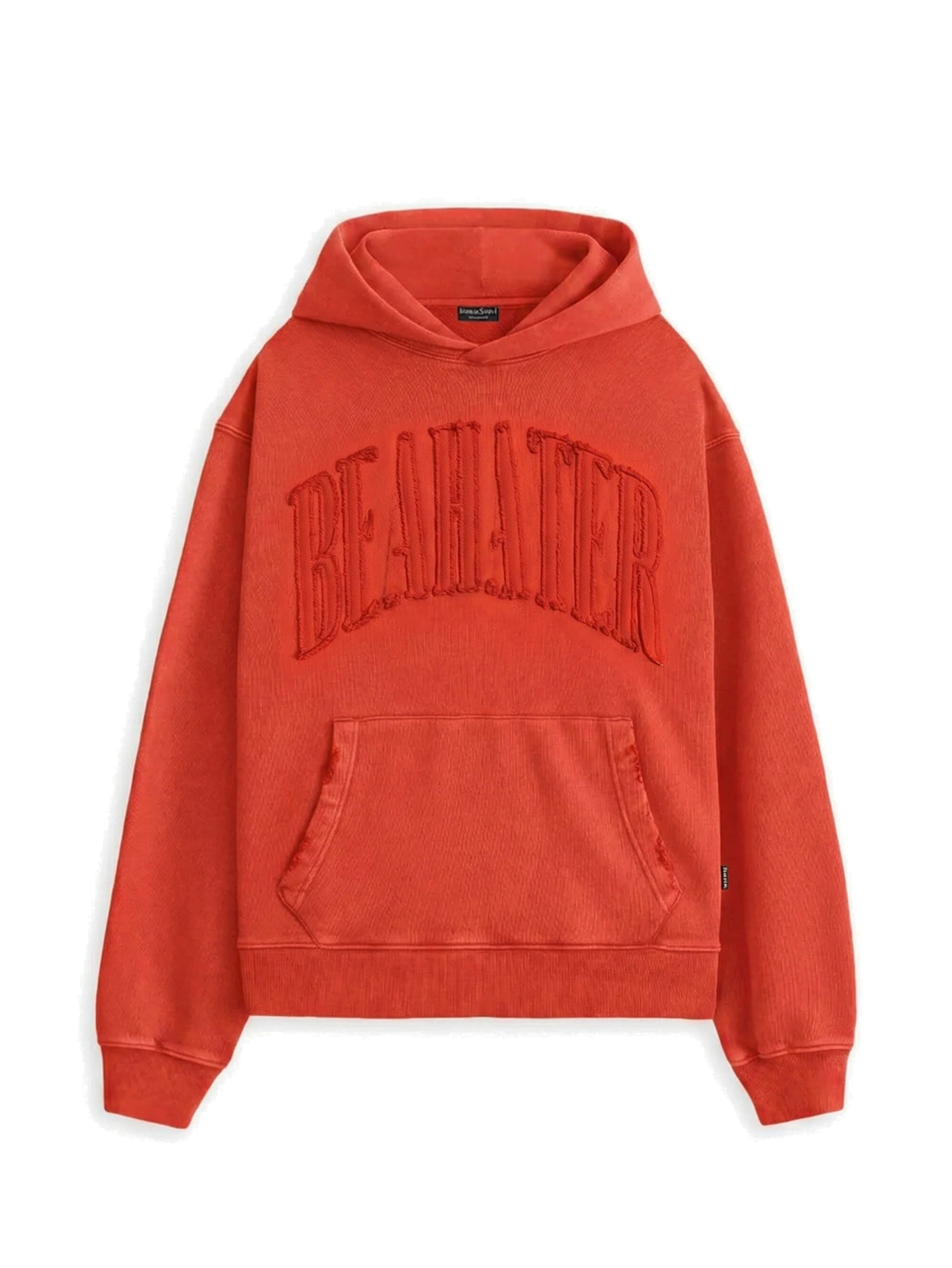 Oversized hoodie in saffraanrood, vintage washed heavyweight, voorzijde met arch-borduursel