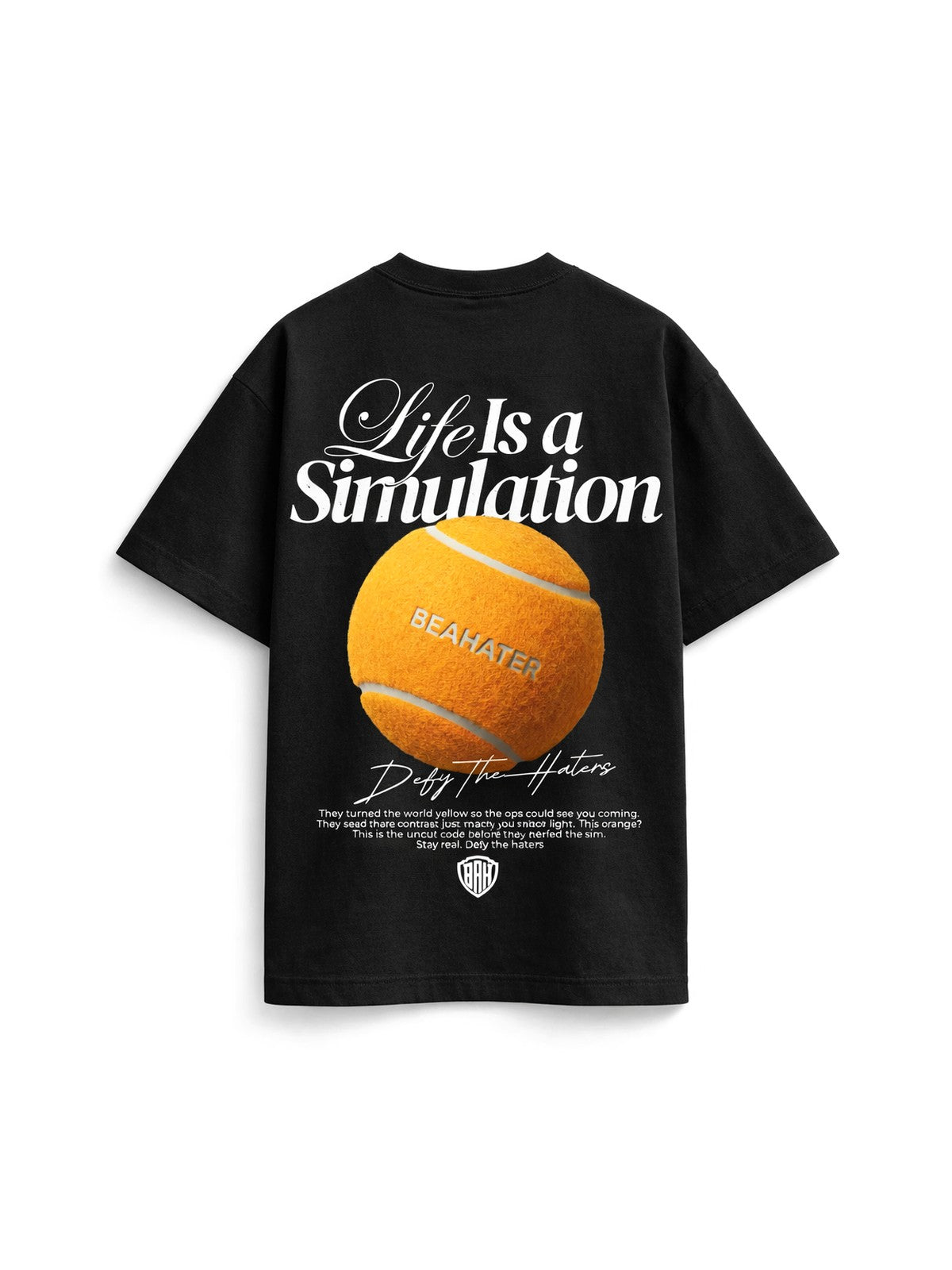 Oversized T-Shirt Herren Schwarz mit Tennisball Backprint Life Is a Simulation, Heavyweight Streetwear